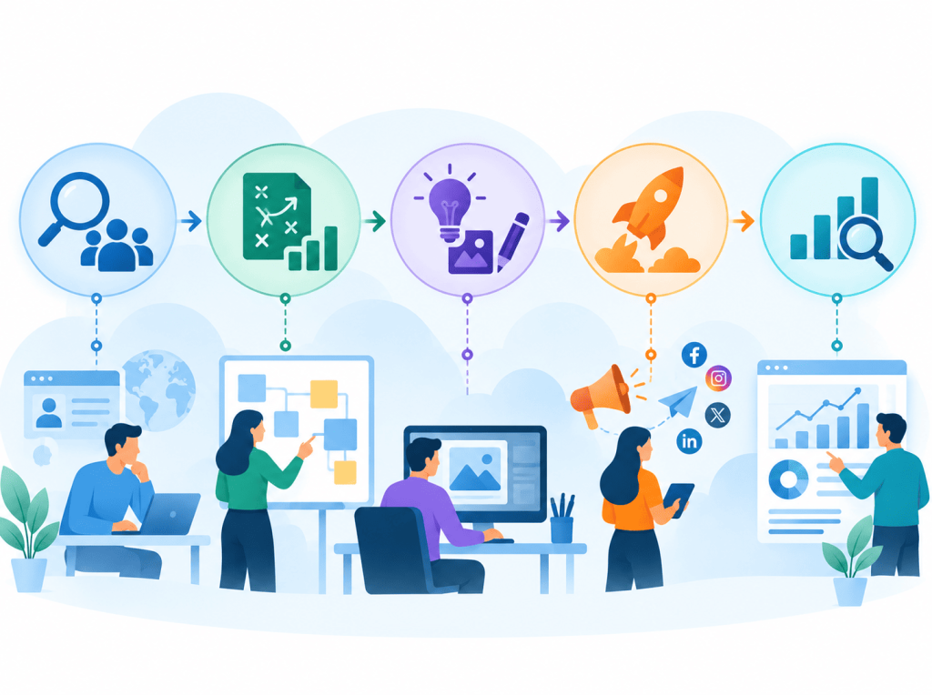 Discover → Plan → Create → Deliver → Review
